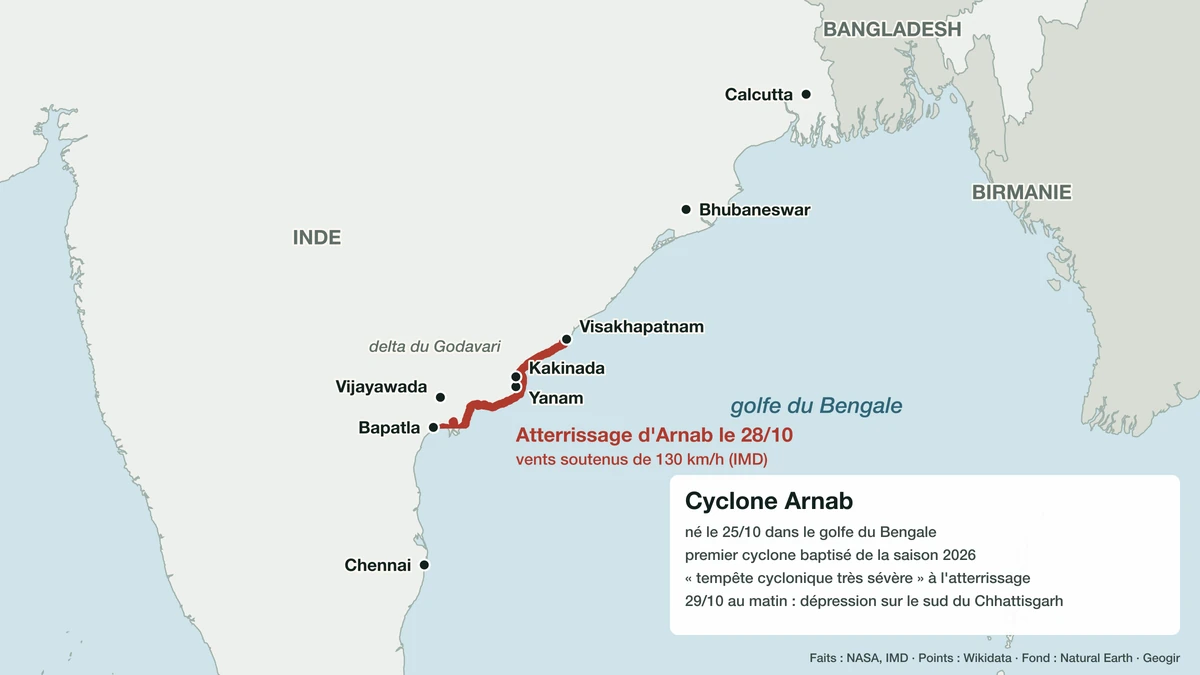 Carte de la côte est de l'Inde : le tronçon d'atterrissage du cyclone Arnab entre Bapatla et Visakhapatnam, près de Yanam, dans le golfe du Bengale