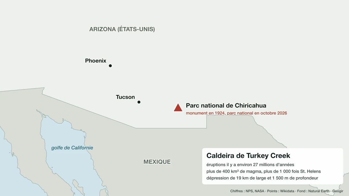 Carte du sud-est de l'Arizona situant le parc national de Chiricahua à l'est de Tucson, près de la frontière mexicaine