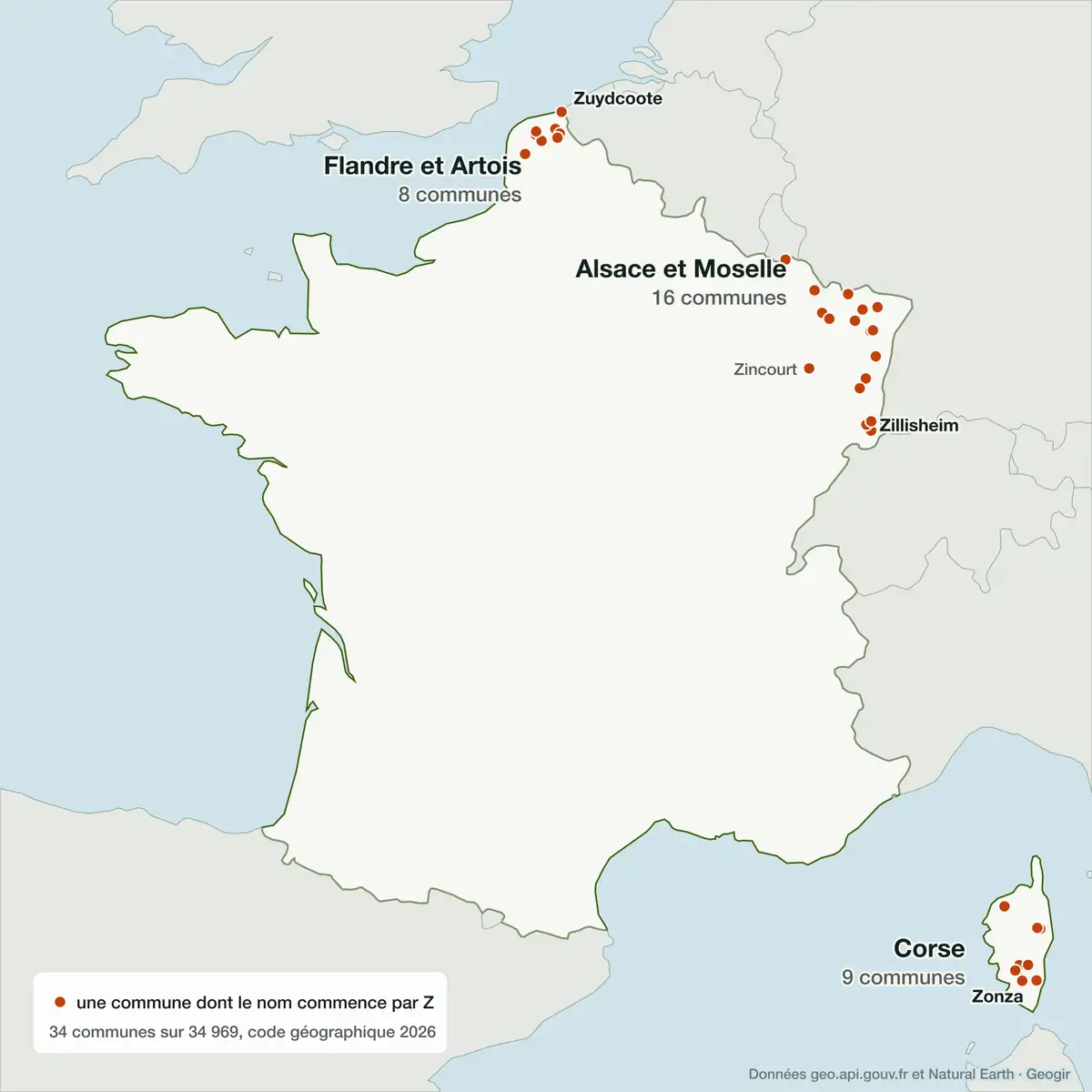 Carte de France situant les 34 communes dont le nom commence par Z : 16 en Alsace et Moselle, 9 en Corse, 8 en Flandre et Artois et une dans les Vosges