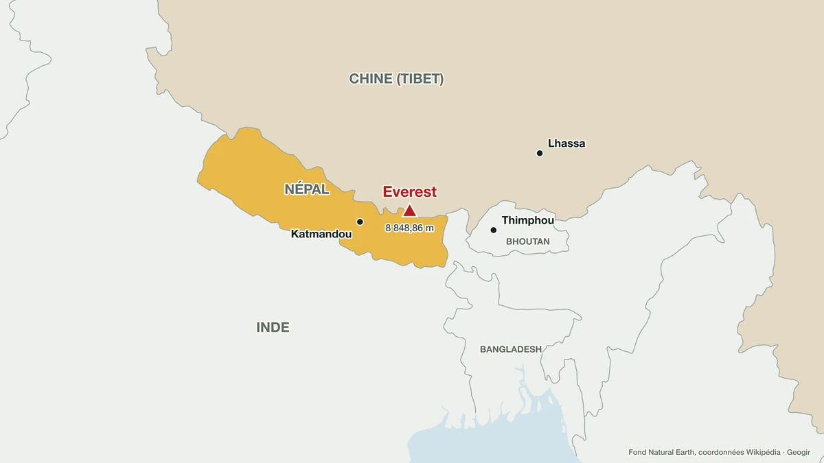 Carte de situation de l'Everest à la frontière du Népal et du Tibet, avec Katmandou, Lhassa et Thimphou