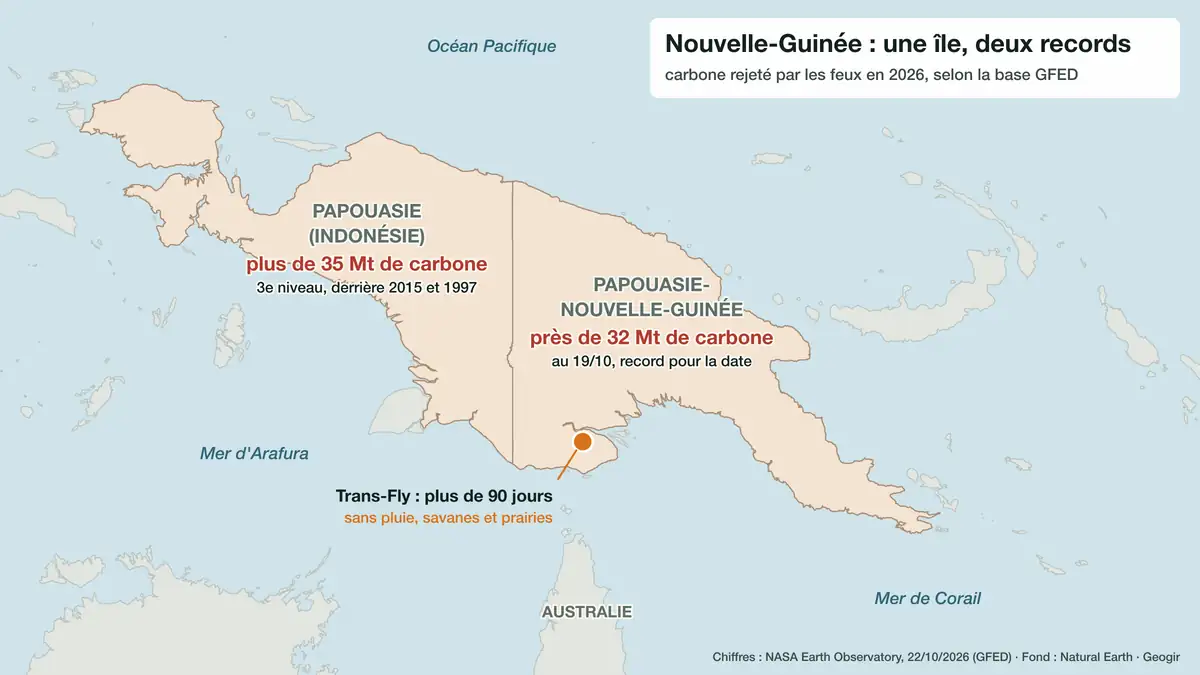 Carte de la Nouvelle-Guinée : la Papouasie indonésienne à l'ouest, plus de 35 mégatonnes de carbone rejetées par les feux en 2026, la Papouasie-Nouvelle-Guinée à l'est, près de 32 mégatonnes au 19 octobre, et la région du Trans-Fly, plus de 90 jours sans pluie