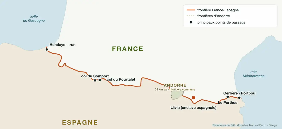 Carte de la frontière entre la France et l'Espagne le long des Pyrénées, avec l'Andorre, l'enclave de Llívia et cinq points de passage