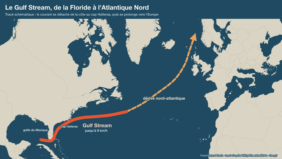 Carte schématique du Gulf Stream et de la dérive nord-atlantique, du détroit de Floride à l'Europe