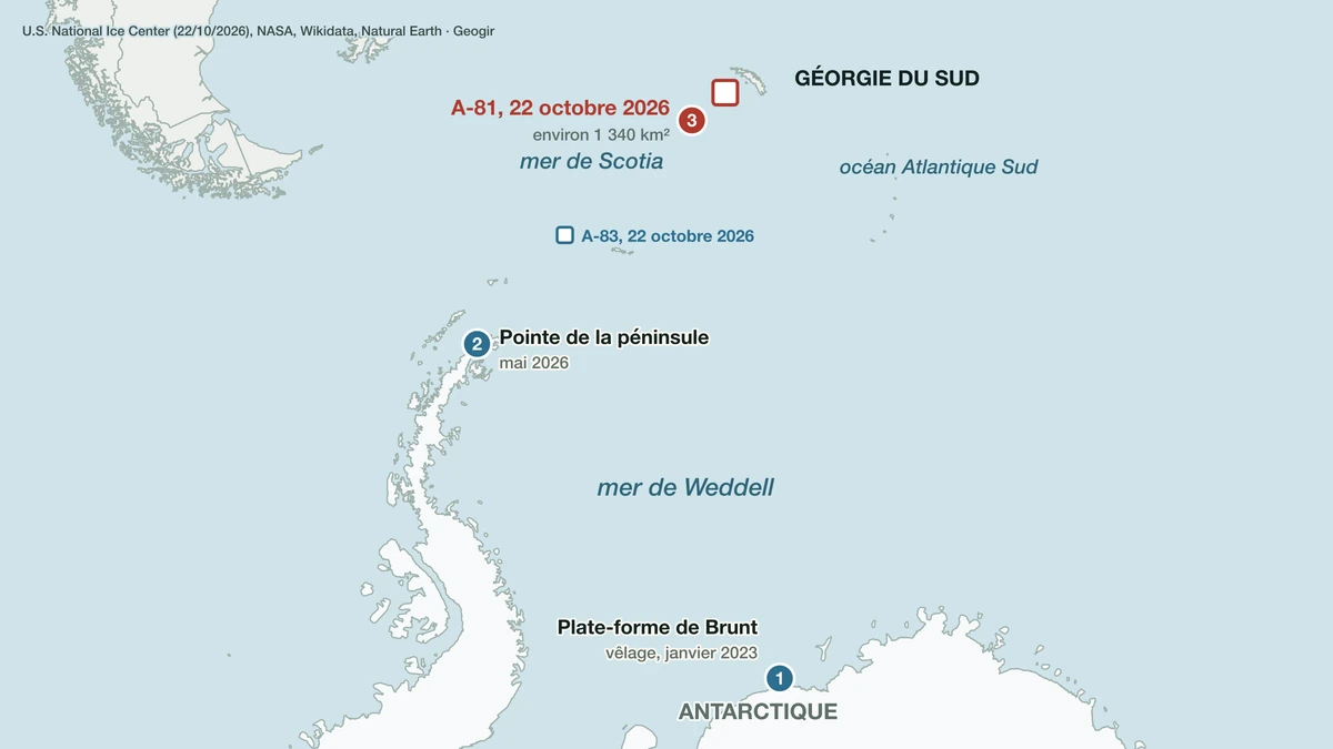 Carte du voyage de l'iceberg A-81, de la plate-forme de Brunt en Antarctique à la Géorgie du Sud, avec sa position et celle d'A-83 le 22 octobre 2026