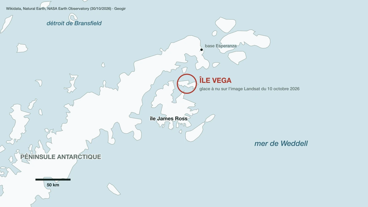 Carte de situation de l'île Vega, au nord-ouest de l'île James Ross, à l'est de la péninsule Antarctique, en mer de Weddell
