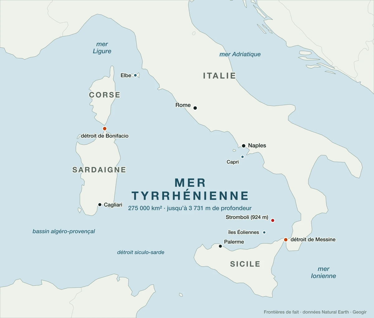Carte de la mer Tyrrhénienne entre la Corse, la Sardaigne, la Sicile et l'Italie, avec ses détroits, les îles Éoliennes et les mers voisines