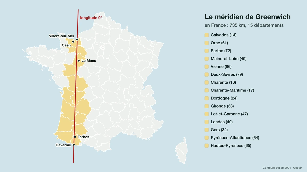 Carte de France : le méridien de Greenwich et les quinze départements qu'il traverse, de Villers-sur-Mer à Gavarnie