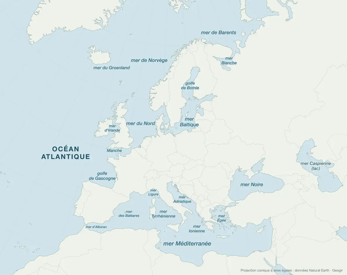 Carte de l'Europe nommant l'océan Atlantique et les mers qui l'entourent, de la mer de Barents à la Méditerranée