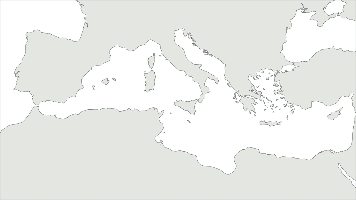 Carte muette de la Méditerranée, côtes seules sans aucun nom, à imprimer