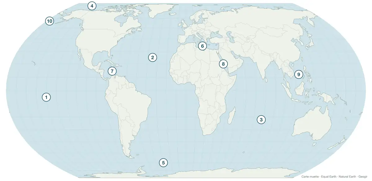 Carte muette du monde avec dix numéros placés sur les océans et sur cinq mers