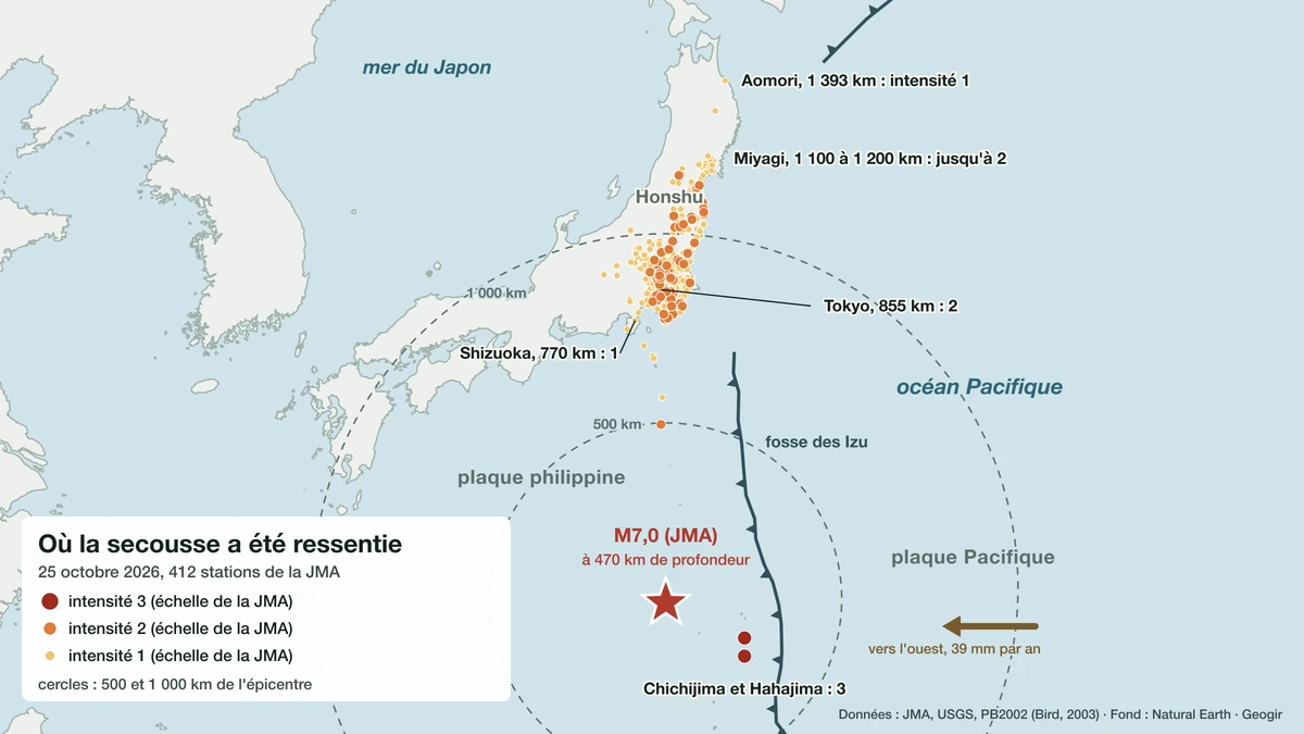 Carte du Japon : les 412 stations qui ont ressenti le séisme profond du 25 octobre 2026, étirées le long de la côte pacifique de Honshu jusqu'à Aomori