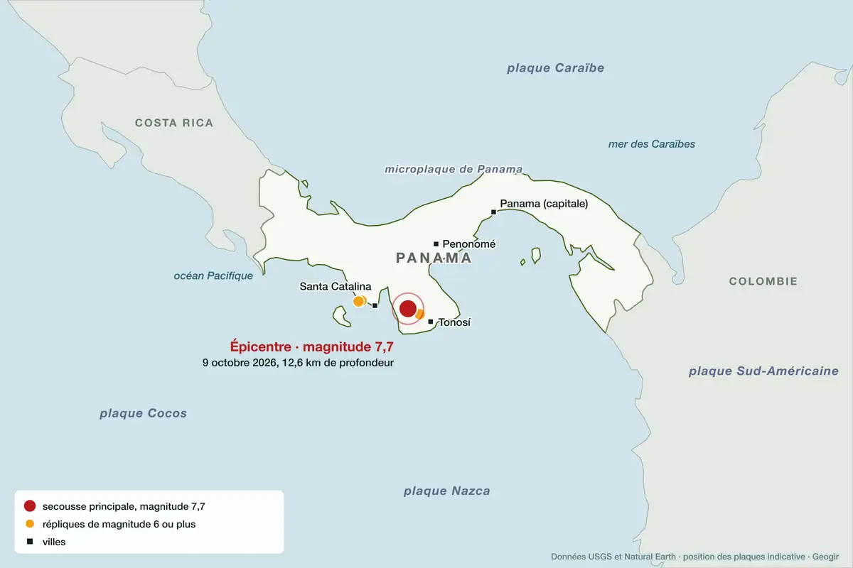 Carte de l'épicentre du séisme du 9 octobre 2026 au Panama et des répliques de magnitude 6 ou plus