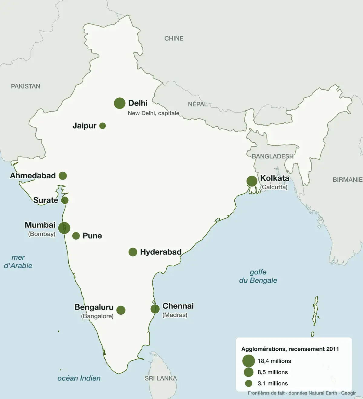 Carte de l'Inde situant ses dix plus grandes villes, de Delhi au nord à Chennai et Bengaluru au sud, avec des cercles proportionnels à leur population en 2011