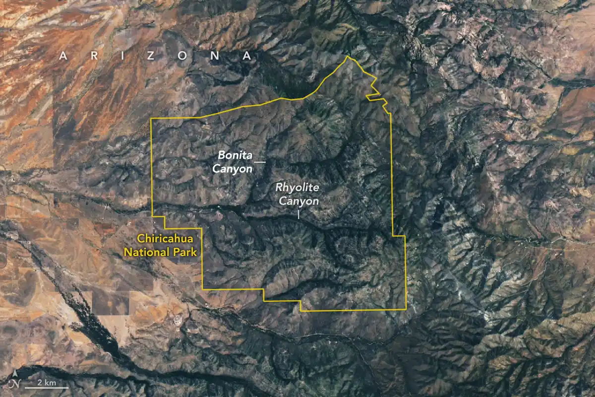 Image du satellite Landsat 9 du 2 juillet 2026 montrant le parc de Chiricahua, son tuf gris et les vallées boisées de Rhyolite Canyon et Bonita Canyon